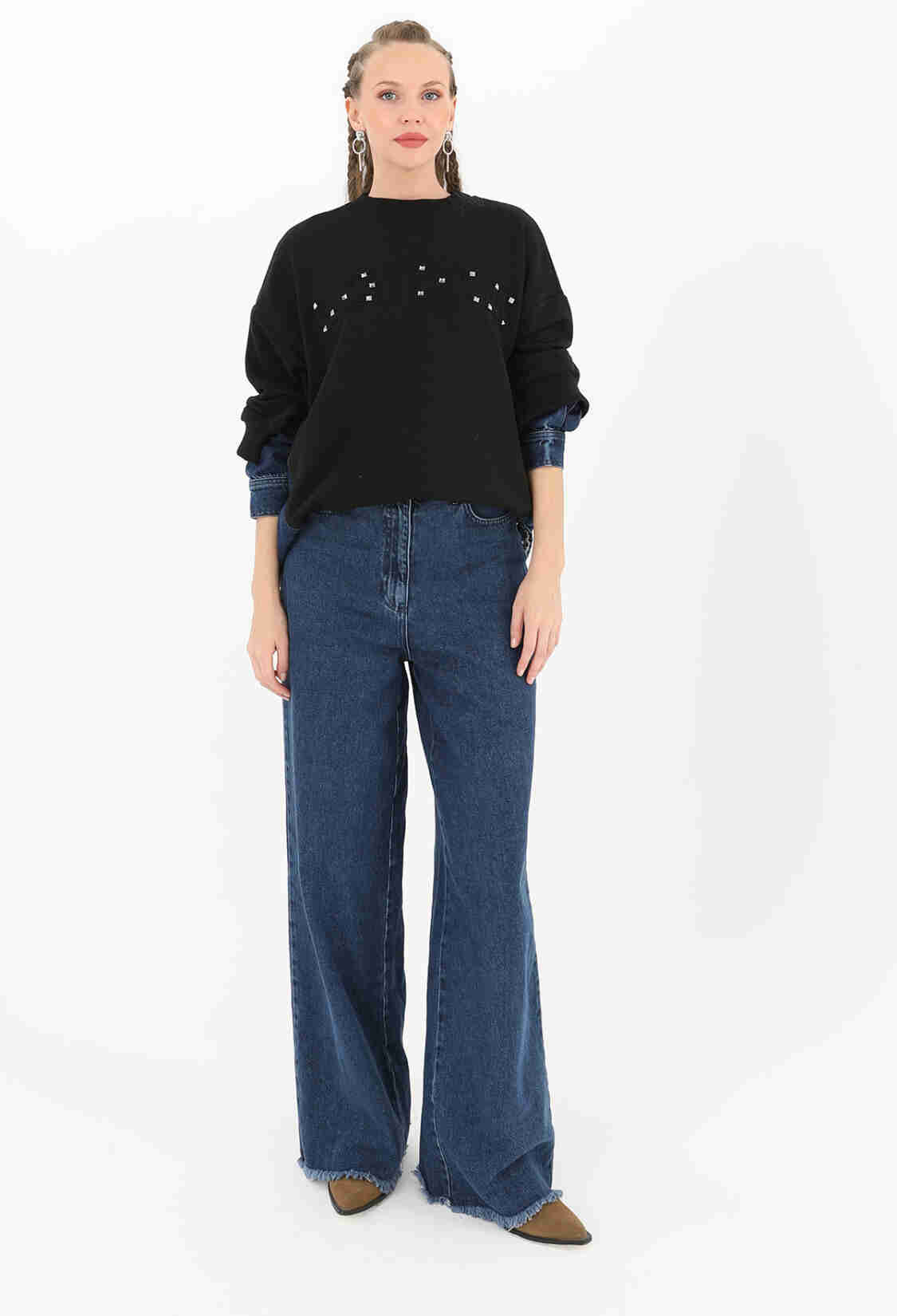 Women's Sweatshirt With Stone Embroidery And Denim Detail On Sleeves - Brand: SOUL - Women & Kids, Baby Clothes Wholesale - TheBS Women