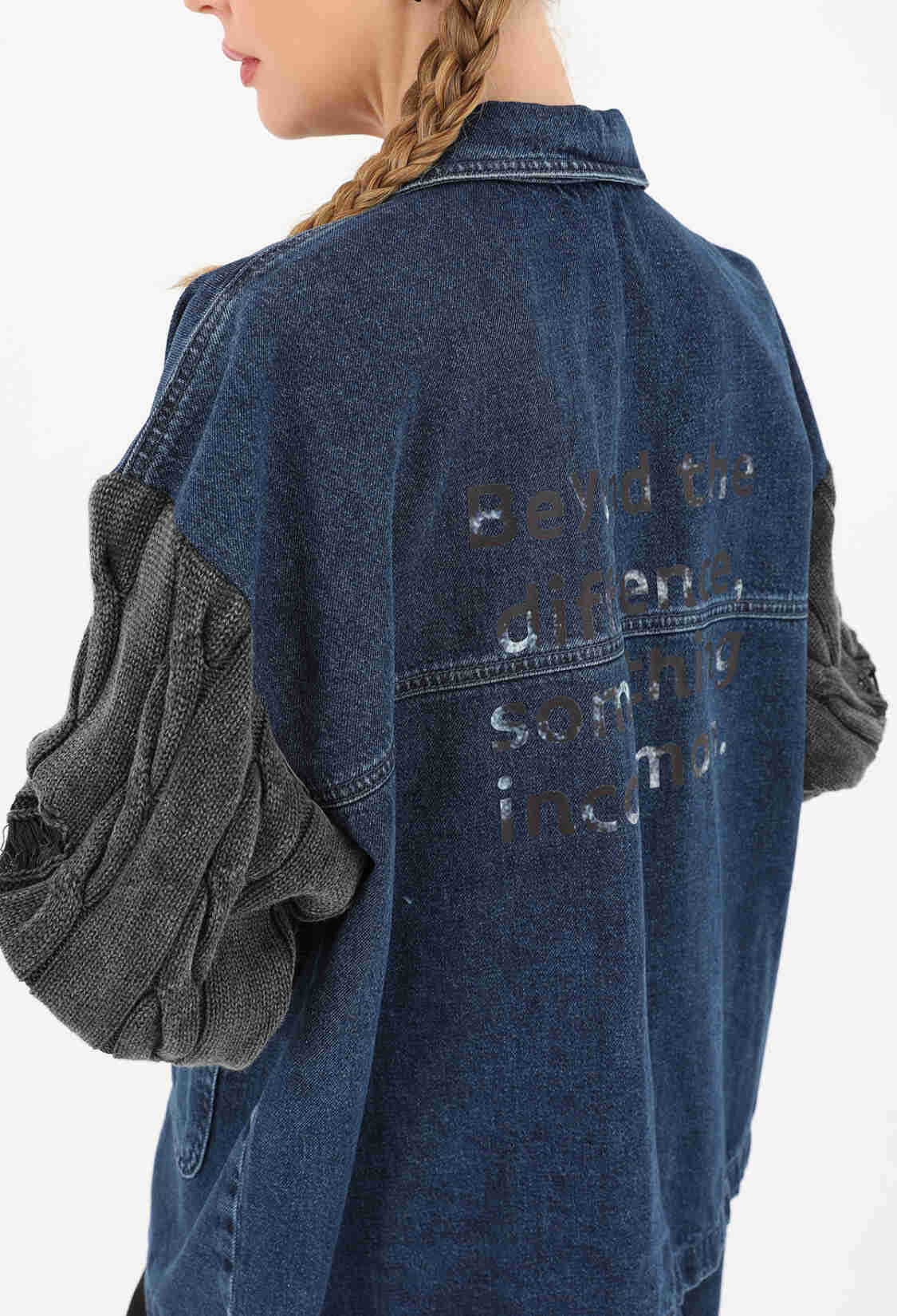 Knitted Sleeve Detailed Denim Jacket -& Blue - Brand: SOUL - Women & Kids, Baby Clothes Wholesale - TheBS Women