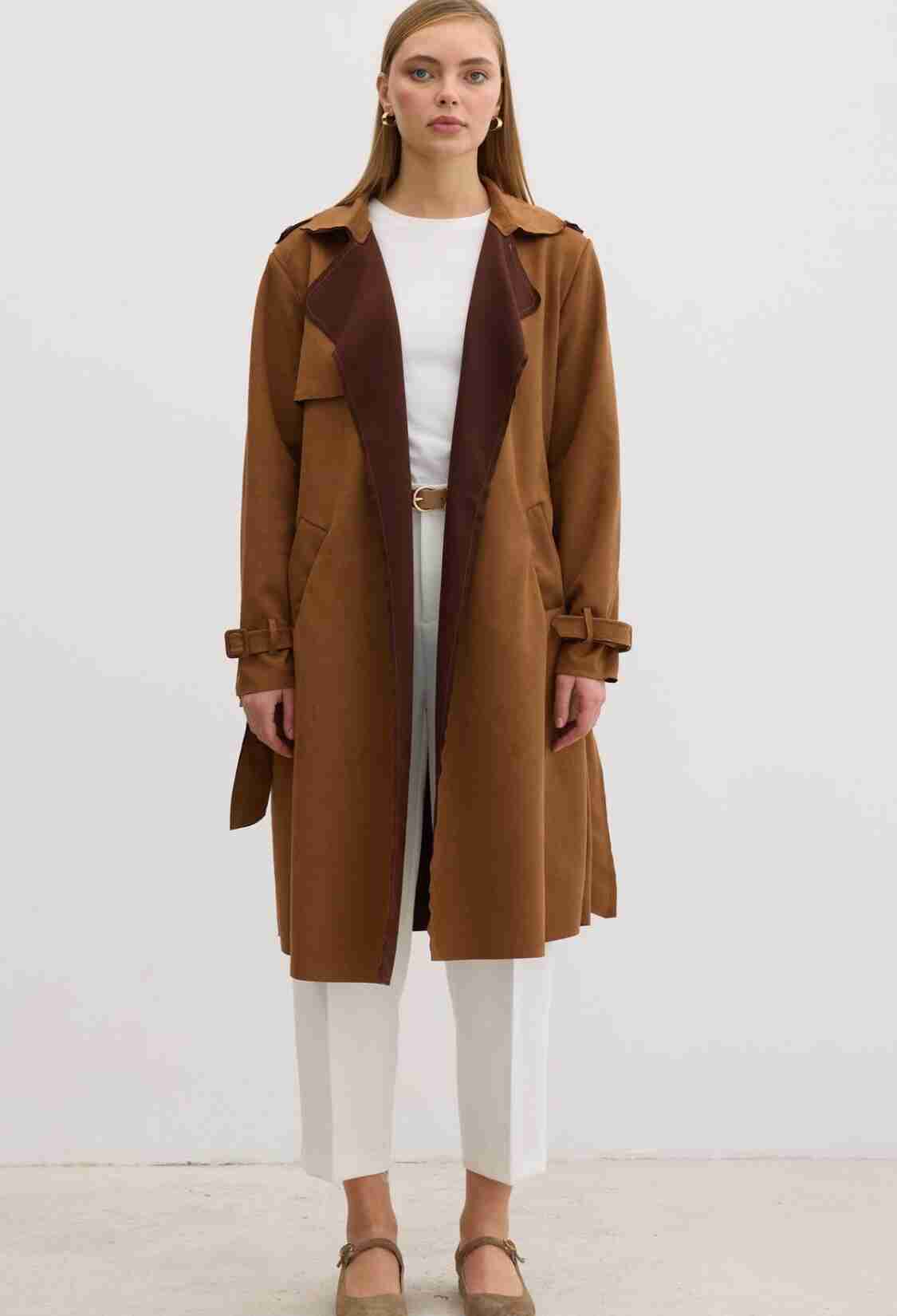 Button Detailed Waist Belted Suede Trench Coat Tan - Brand: Levure - Women & Kids, Baby Clothes Wholesale - TheBS Women