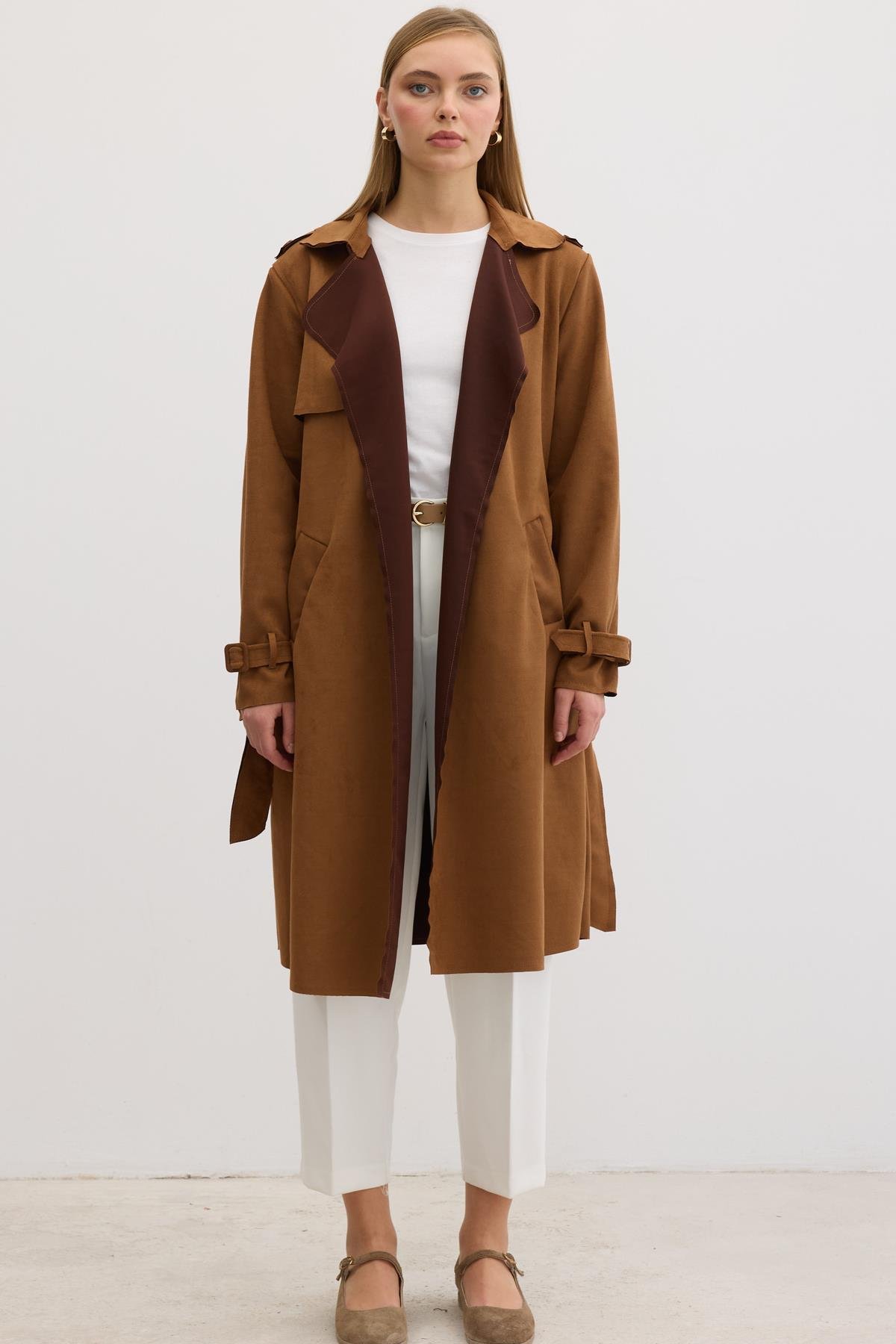 Button Detailed Waist Belted Suede Trench Coat Tan - Brand: Levure - Women & Kids, Baby Clothes Wholesale - TheBS Women