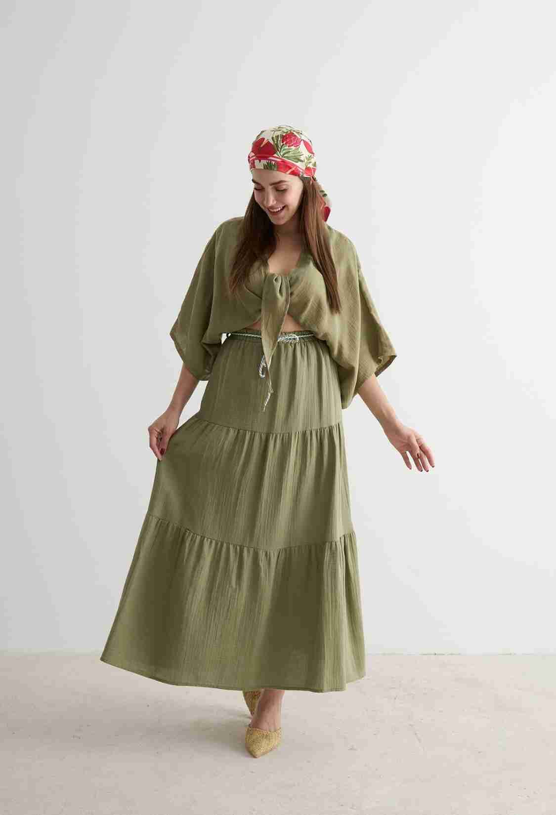 Elastic Waist And Cord Detailed Long Skirt - Brand: Levure - Women & Kids, Baby Clothes Wholesale - TheBS Women