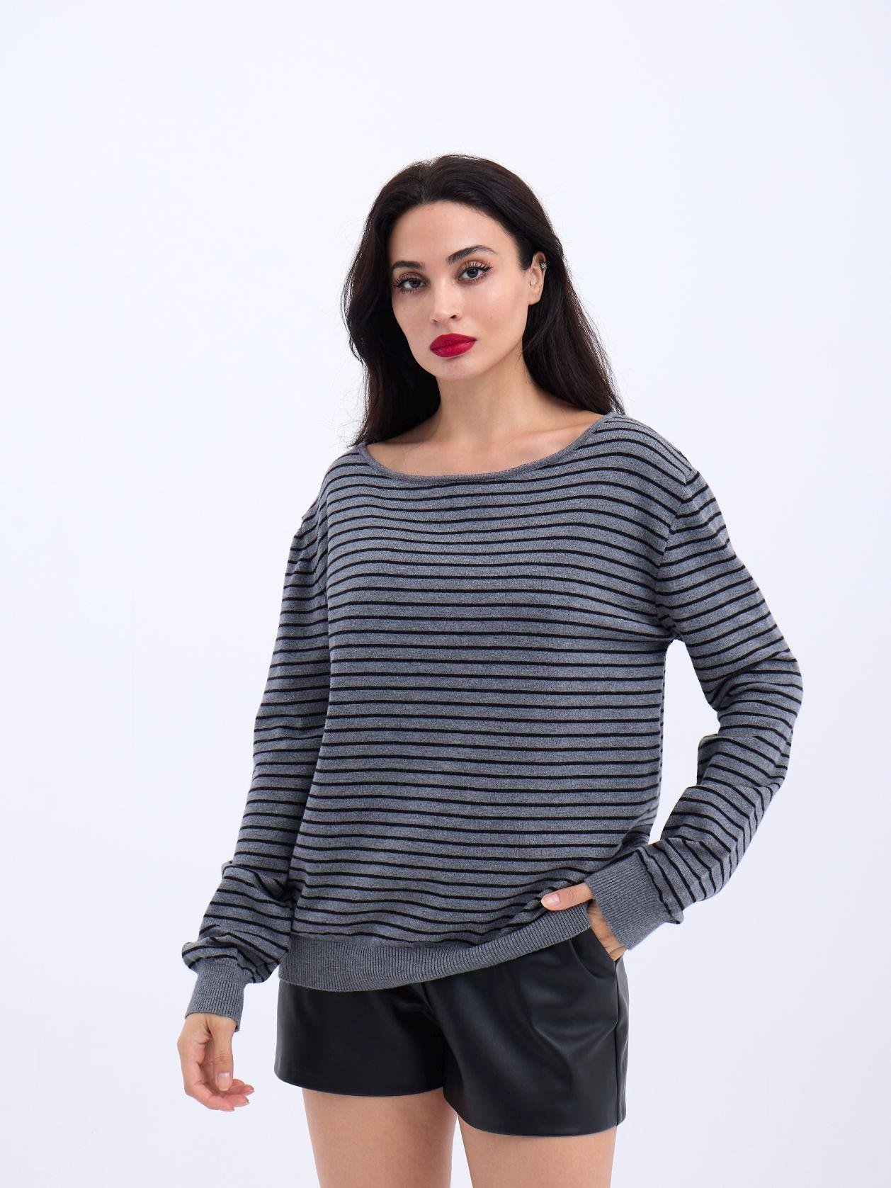 Knitted Striped Casual Sweater - Gray - Black - Brand: Fame - Women & Kids, Baby Clothes Wholesale - TheBS Women