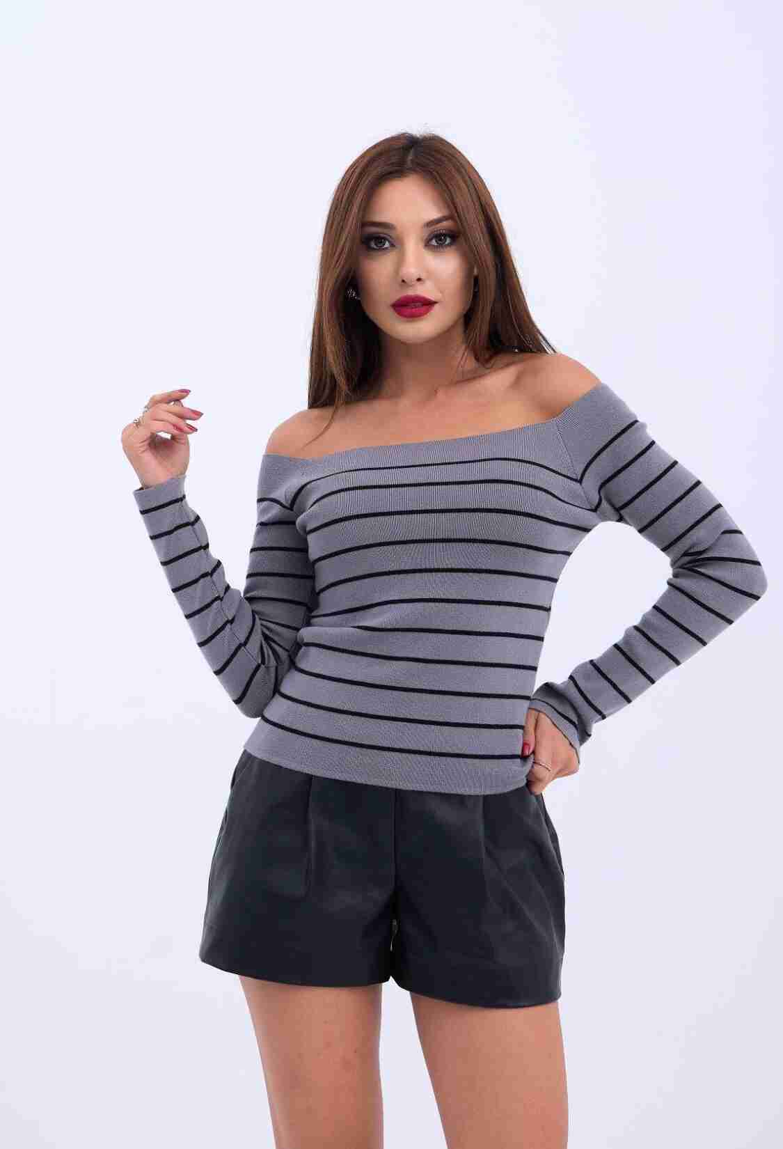 Knitwear Striped Boat Neck Crop -- Black - Brand: Fame - Women & Kids, Baby Clothes Wholesale - TheBS Women
