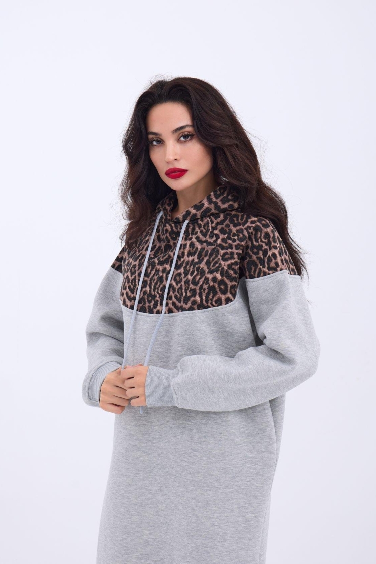 Leopard Patterned Long Sweater - Gray - Brand: Fame - Women & Kids, Baby Clothes Wholesale - TheBS Women