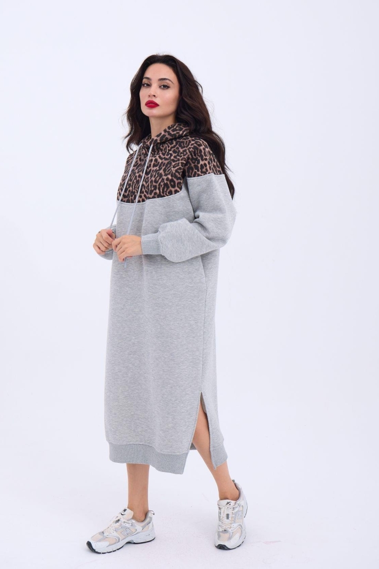 Leopard Patterned Long Sweater - Gray - Brand: Fame - Women & Kids, Baby Clothes Wholesale - TheBS Women