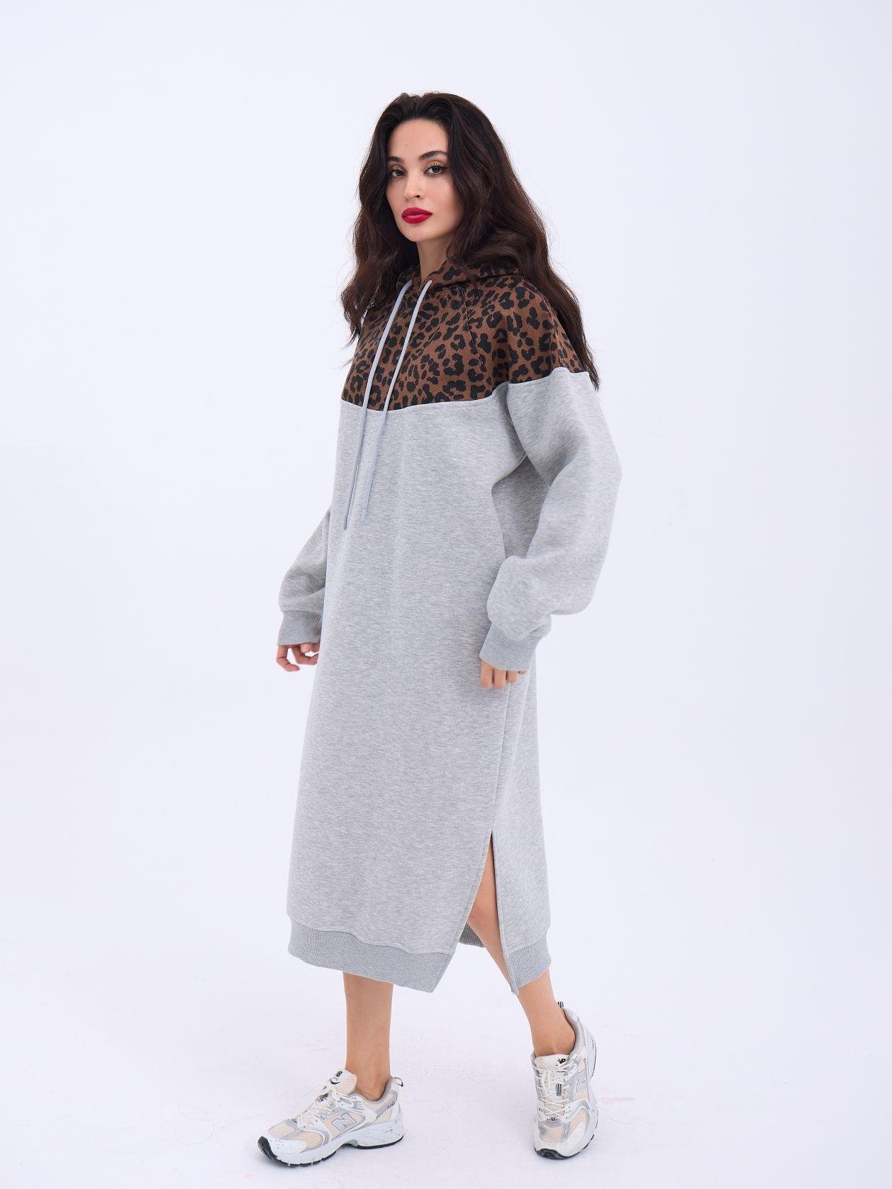 Leopard Patterned Long Sweater - Gray & Brown - Brand: Fame - Women & Kids, Baby Clothes Wholesale - TheBS Women