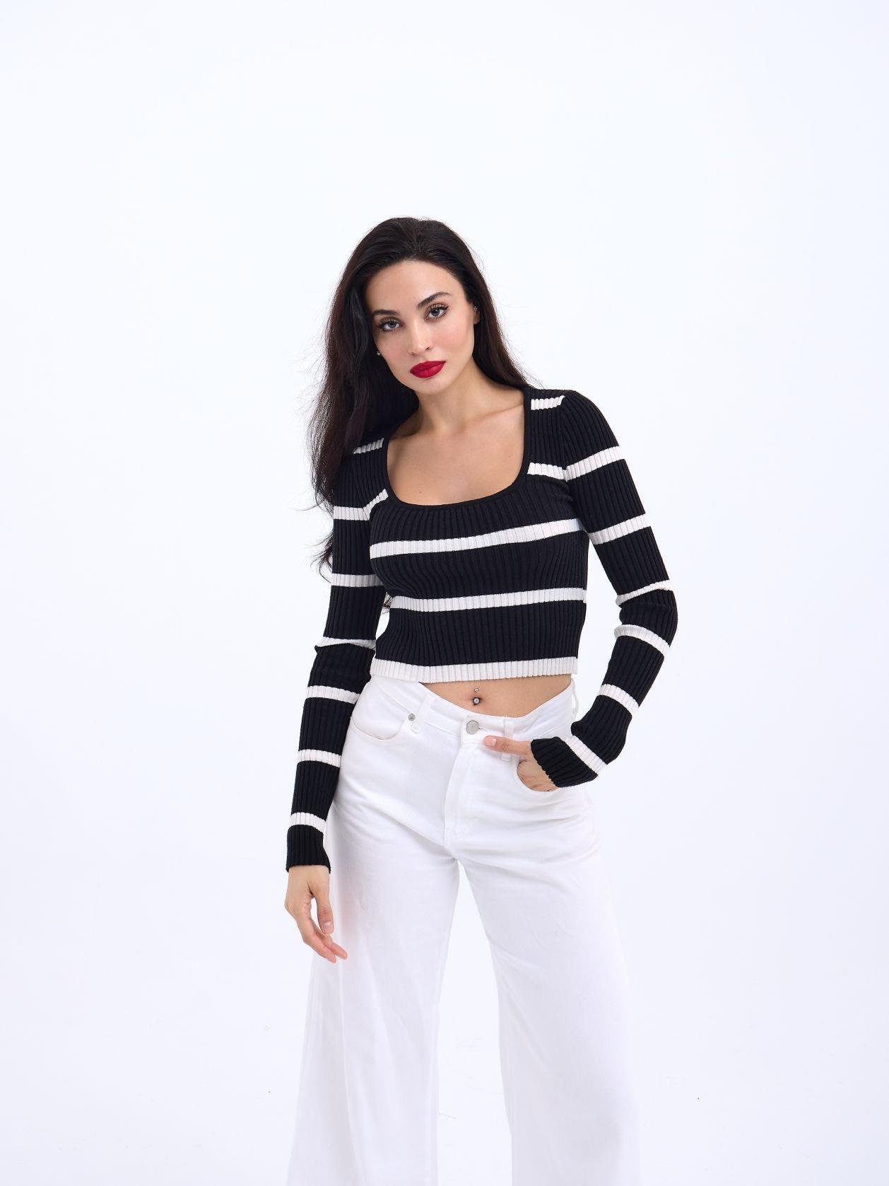 Knitwear Striped Ribbed Crop -& Ecru - Brand: Fame - Women & Kids, Baby Clothes Wholesale - TheBS Women