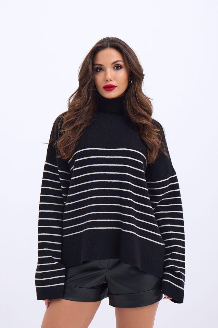 Knitted Turtleneck Striped Casual -& Ecru - Brand: Fame - Women & Kids, Baby Clothes Wholesale - TheBS Women