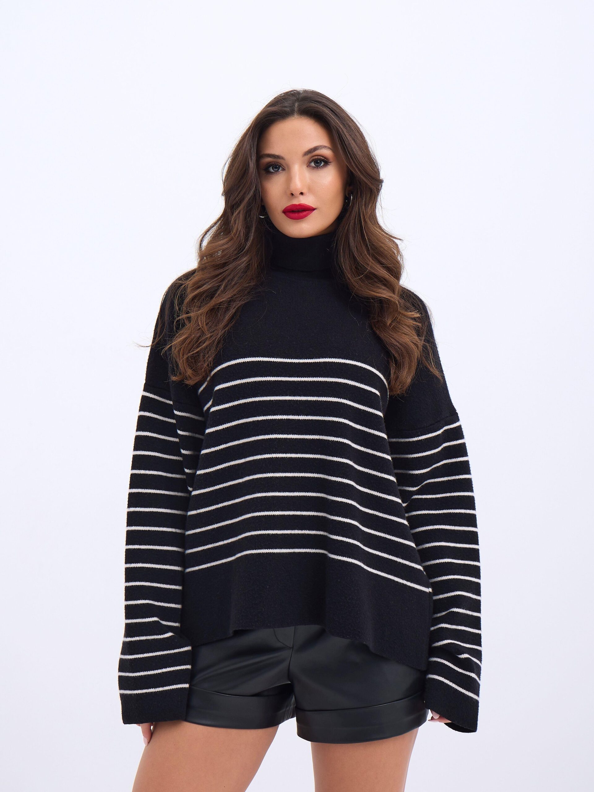 Knitted Turtleneck Striped Casual -& Ecru - Brand: Fame - Women & Kids, Baby Clothes Wholesale - TheBS Women