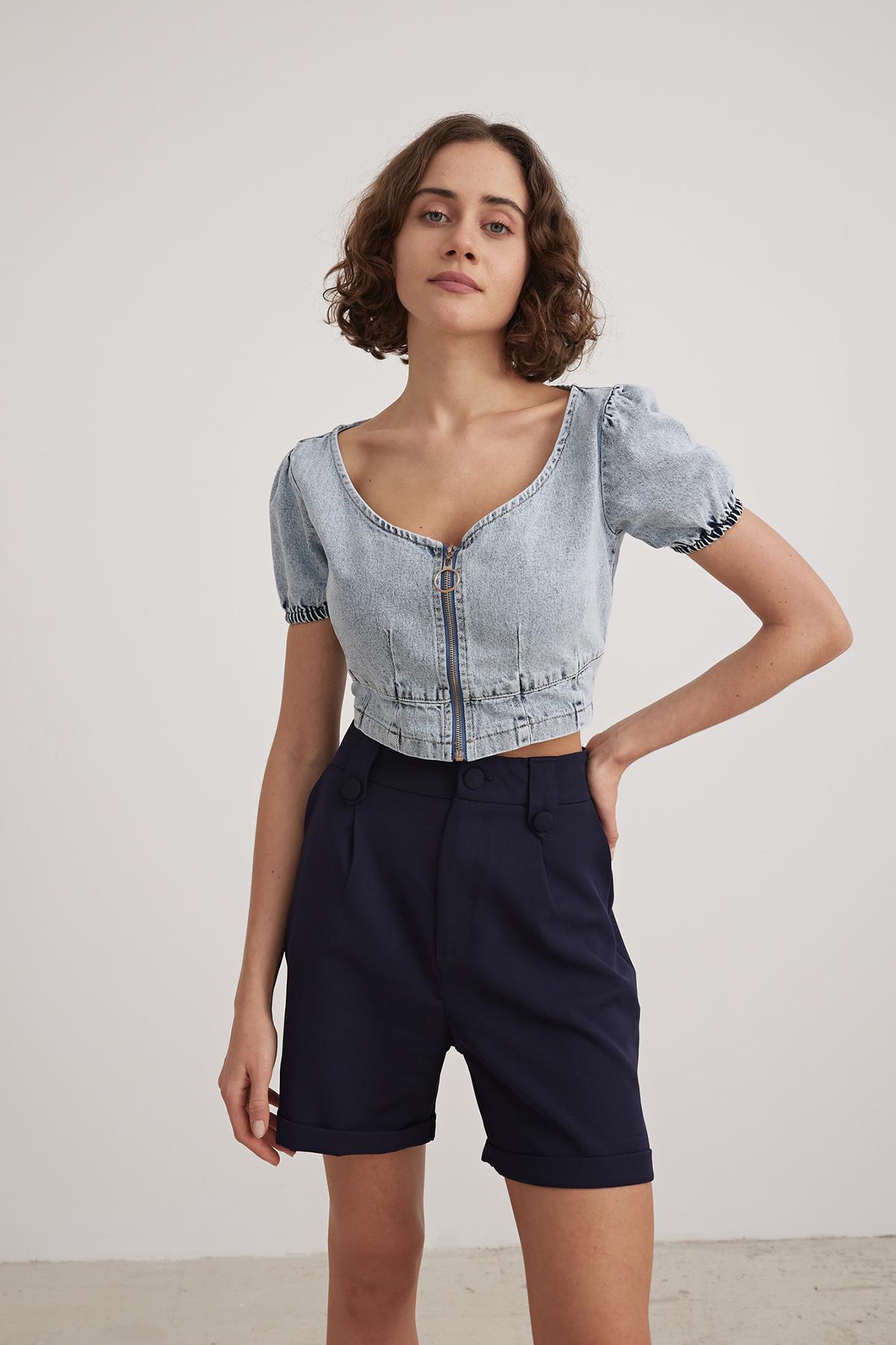 Blue Colored Zipper Crop Blouse Blue - Brand: Levure - Women & Kids, Baby Clothes Wholesale - TheBS Women