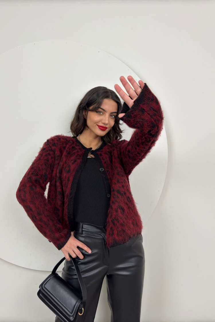 Leopard Pattern Knitwear Cardigan - Burgundy - Brand: Miss Janell - Women & Kids, Baby Clothes Wholesale - TheBS Women