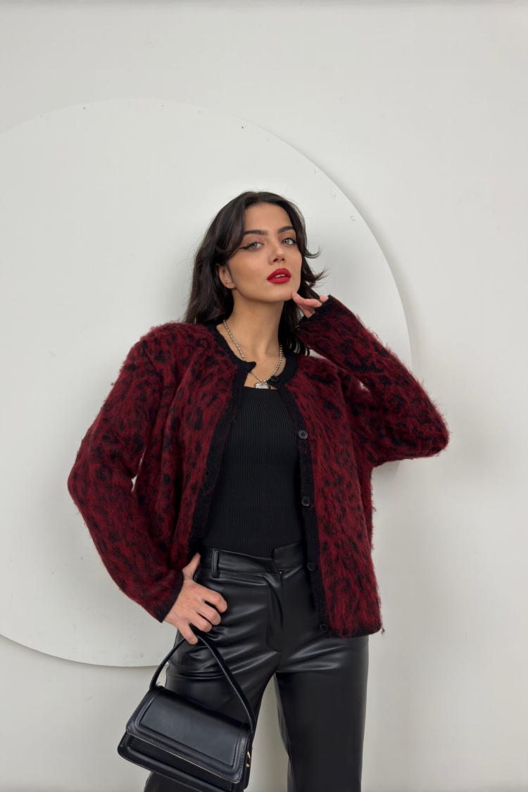 Leopard Pattern Knitwear Cardigan - Burgundy - Brand: Miss Janell - Women & Kids, Baby Clothes Wholesale - TheBS Women