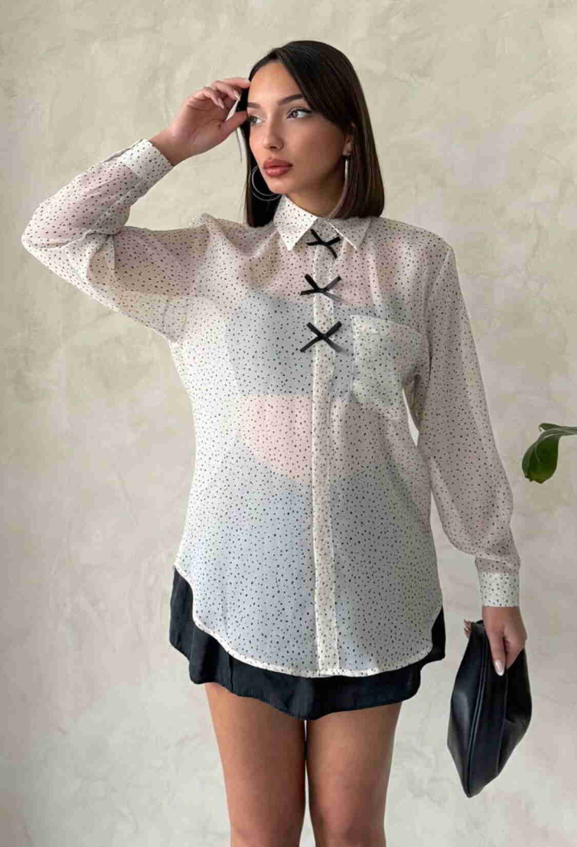 Bow Detailed Polka Dot Chiffon Shirt - Brand: Topshow - Women & Kids, Baby Clothes Wholesale - TheBS Women