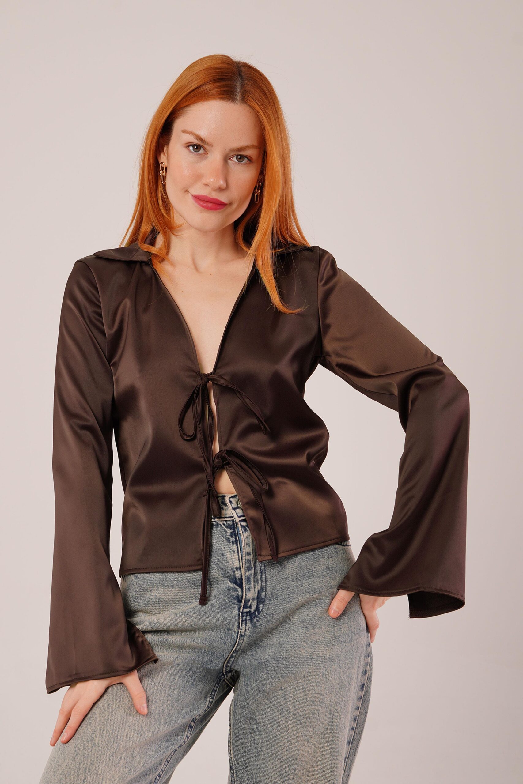 Front Drawstring Detailed Satin WholesaleBlouse - Brand: Lustrin - Women & Kids, Baby Clothes Wholesale - TheBS Women