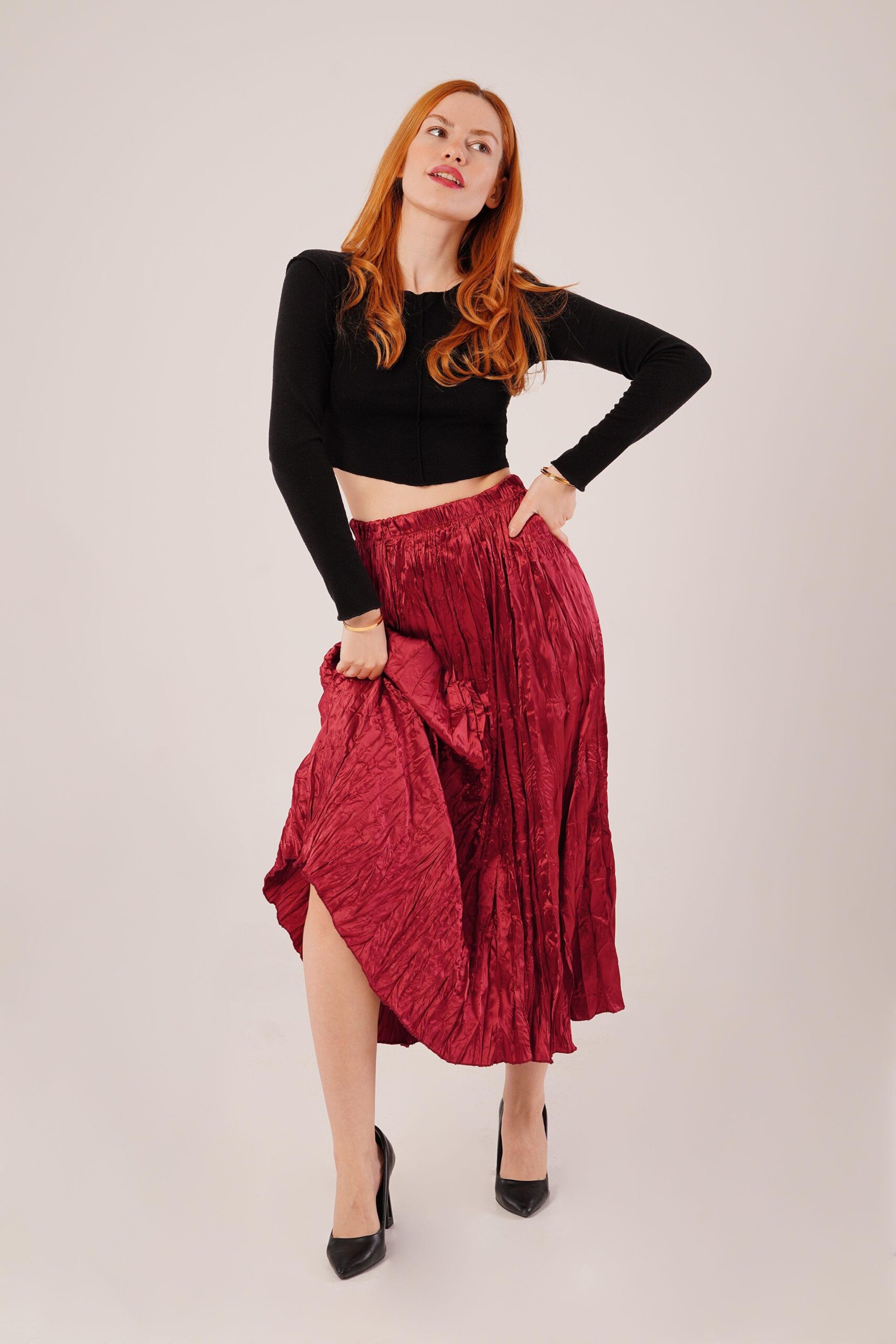 Midi Length Pleated Satin Wholesale Burgundy Skirt - Brand: Lustrin - Women & Kids, Baby Clothes Wholesale - TheBS Women