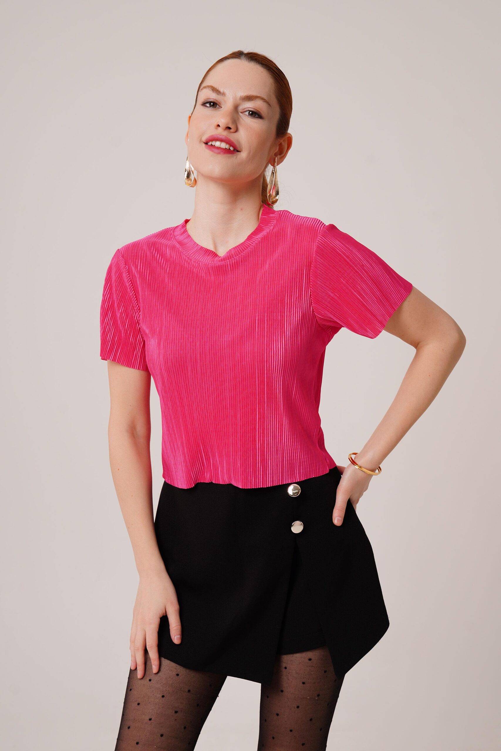 Shiny WholesaleBlouse With Ribbed Short Sleeve - Brand: Lustrin - Women & Kids, Baby Clothes Wholesale - TheBS Women
