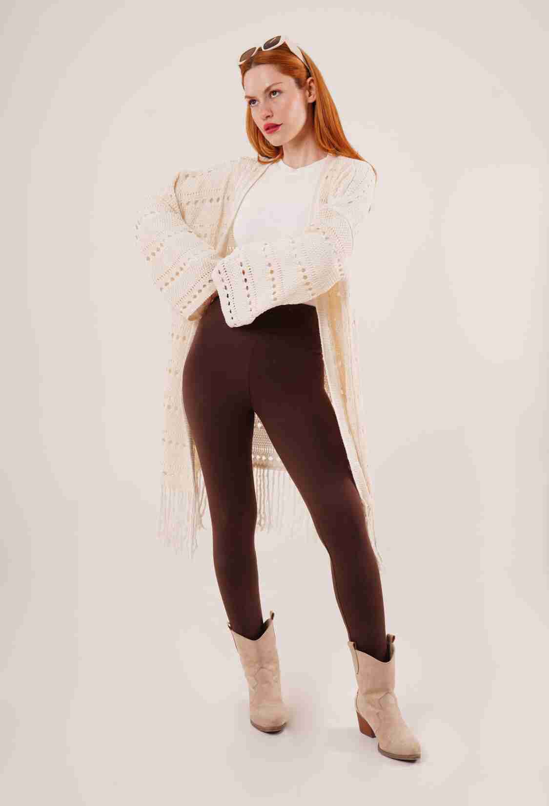 Perforated Transitional Tassel Detail Long Knitwear WholesaleCardigan - Brand: Lustrin - Women & Kids, Baby Clothes Wholesale - TheBS Women