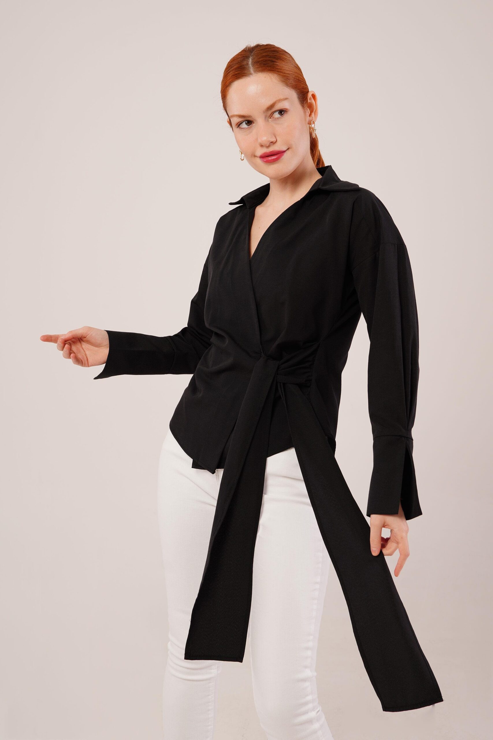 Double Breasted Collar Side Drawstring Detailed WholesaleShirt - Brand: Lustrin - Women & Kids, Baby Clothes Wholesale - TheBS Women