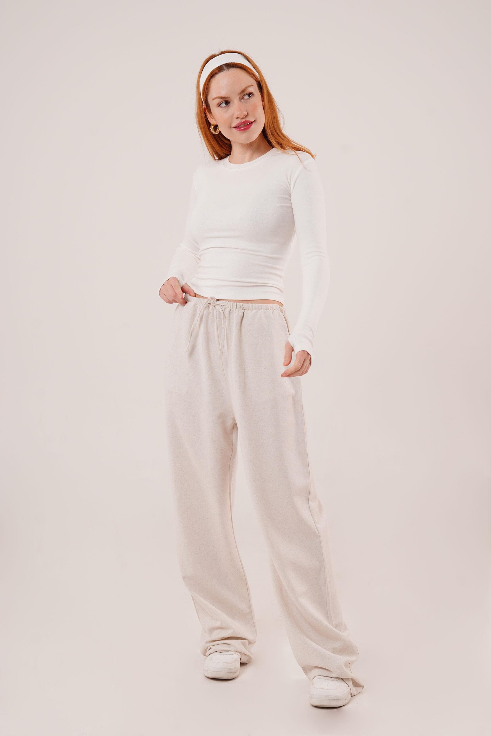 Drawstring Detailed Linen Wholesale Ecru Pants With Pockets - Brand: Lustrin - Women & Kids, Baby Clothes Wholesale - TheBS Women