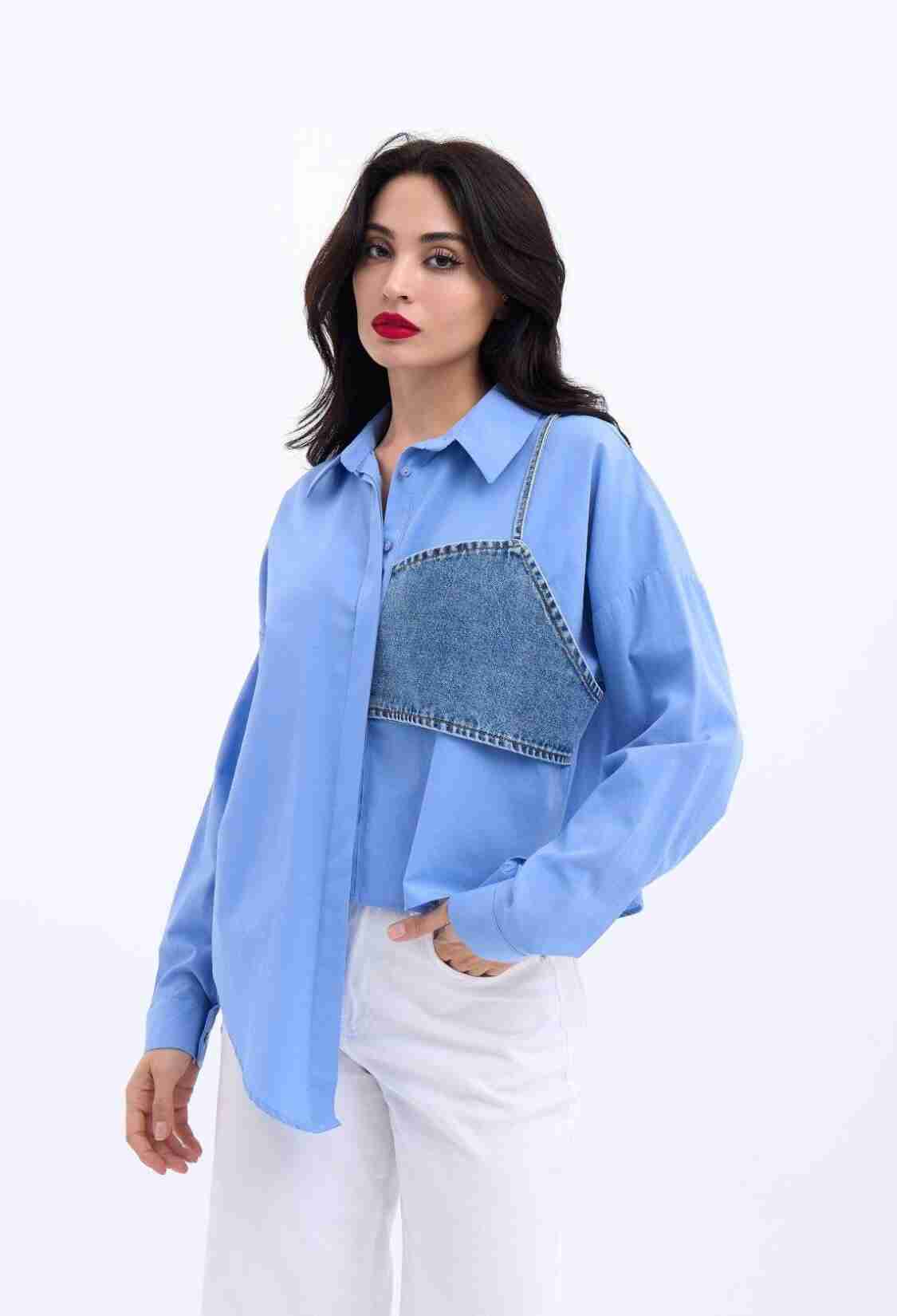Denim Detailed Shirt - Brand: Fame - Women & Kids, Baby Clothes Wholesale - TheBS Women
