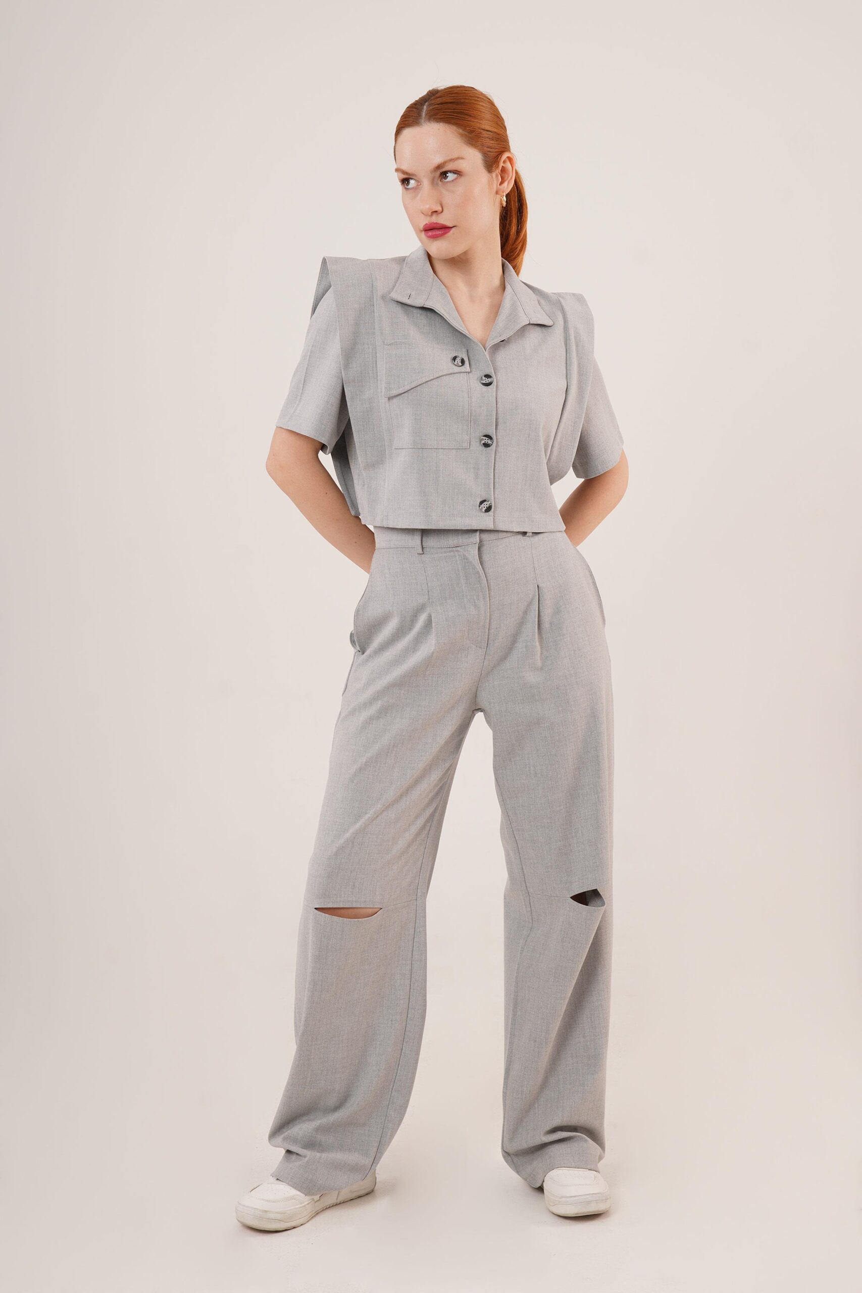 Buttoned Blouse With Pockets And Knee Detailed Pants Gray Wholesale Two Piece Suit - Brand: Lustrin - Women & Kids, Baby Clothes Wholesale - TheBS Women