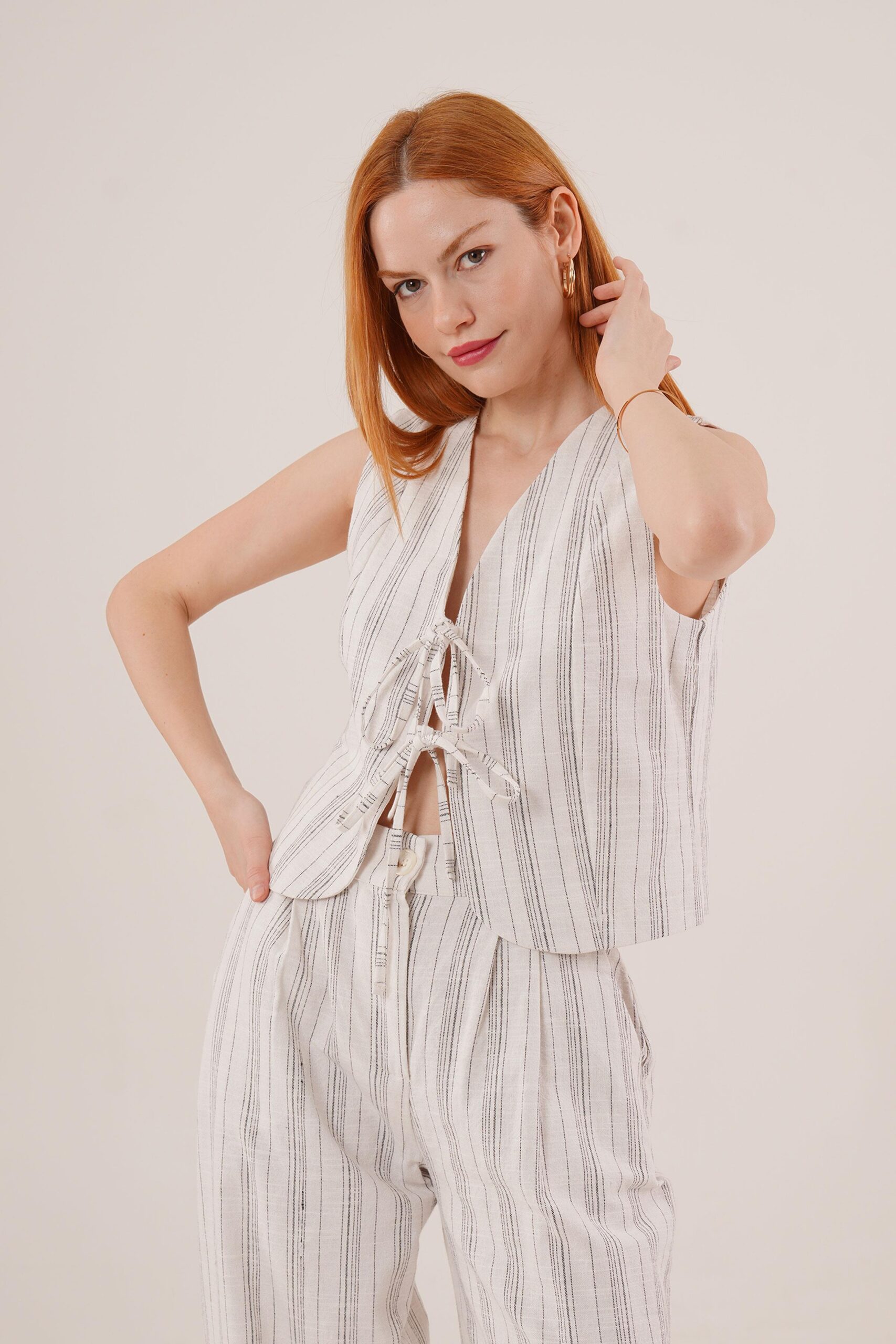 Front Drawstring Detailed Vest And Pants Black Striped Wholesale Two-piece Suit – Brand: Lustrin – Women & Kids, Baby Clothes Wholesale – TheBS Women