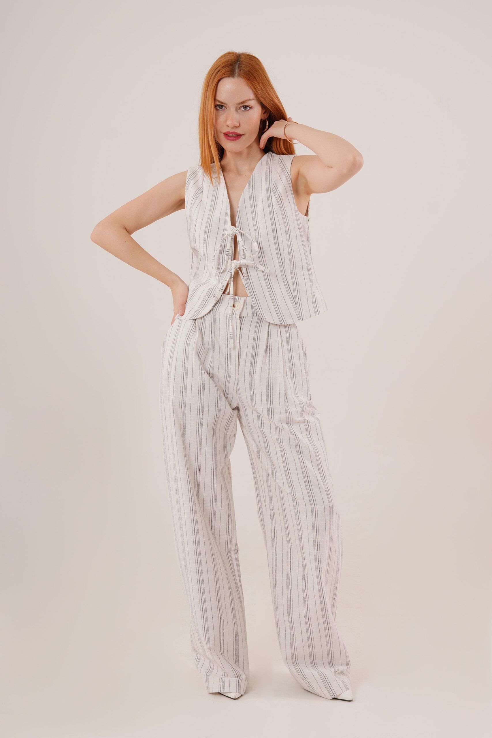 Front Drawstring Detailed Vest And Pants Black Striped Wholesale Two-piece Suit – Brand: Lustrin – Women & Kids, Baby Clothes Wholesale – TheBS Women