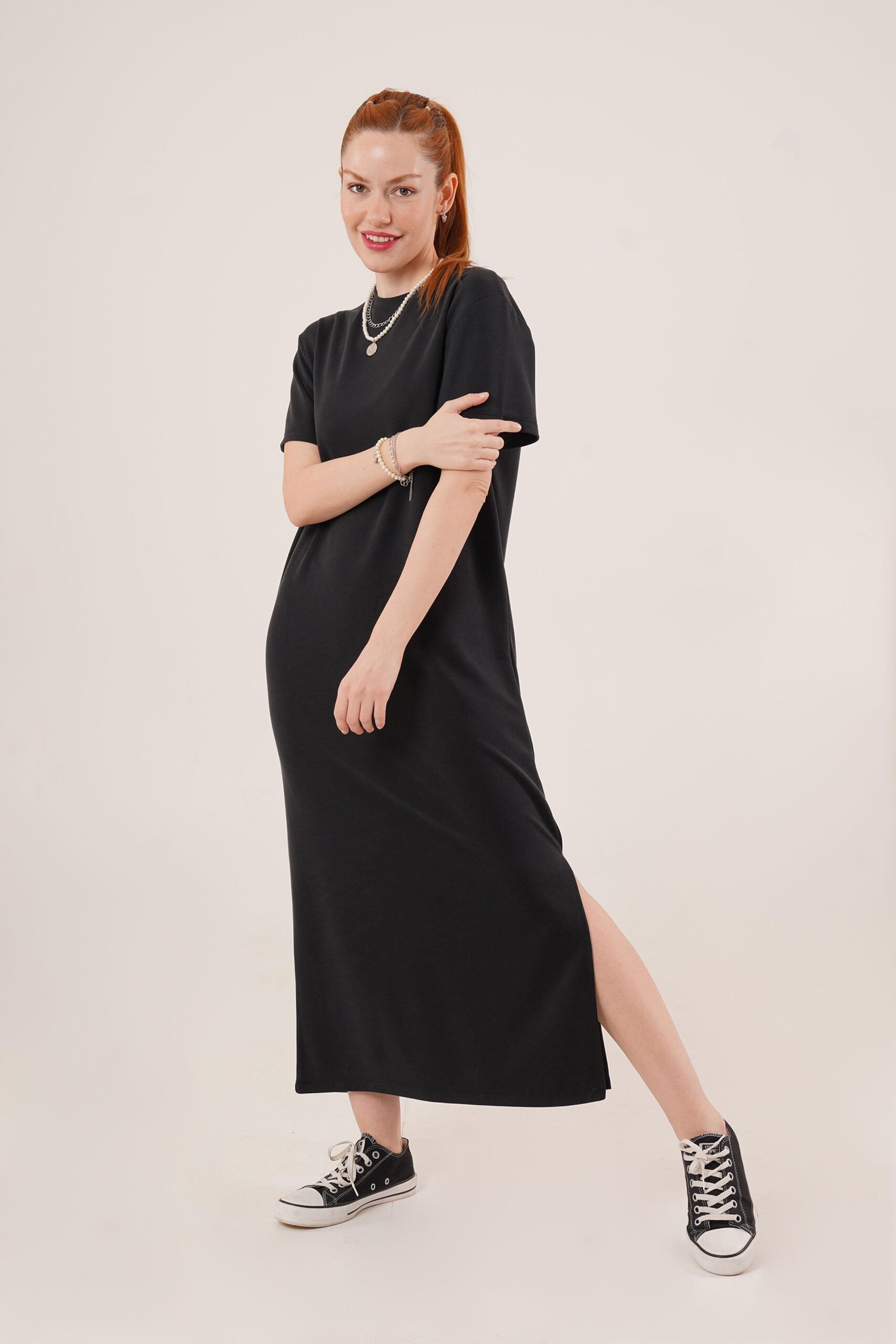 Slit Detailed Short Sleeve Slippery MaxiWholesale Dress - Brand: Lustrin - Women & Kids, Baby Clothes Wholesale - TheBS Women
