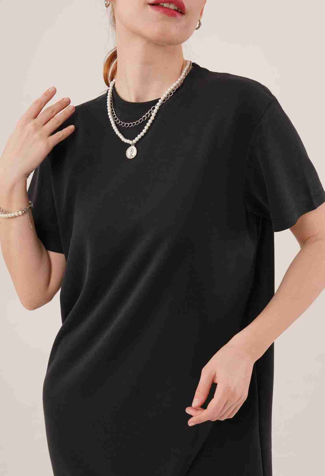 Slit Detailed Short Sleeve Slippery MaxiWholesale Dress - Brand: Lustrin - Women & Kids, Baby Clothes Wholesale - TheBS Women