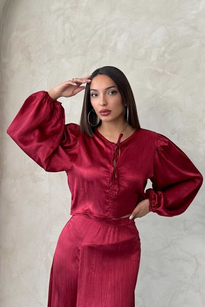 Lace Satin Front Tie Blouse - Burgundy - Brand: Topshow - Women & Kids, Baby Clothes Wholesale - TheBS Women
