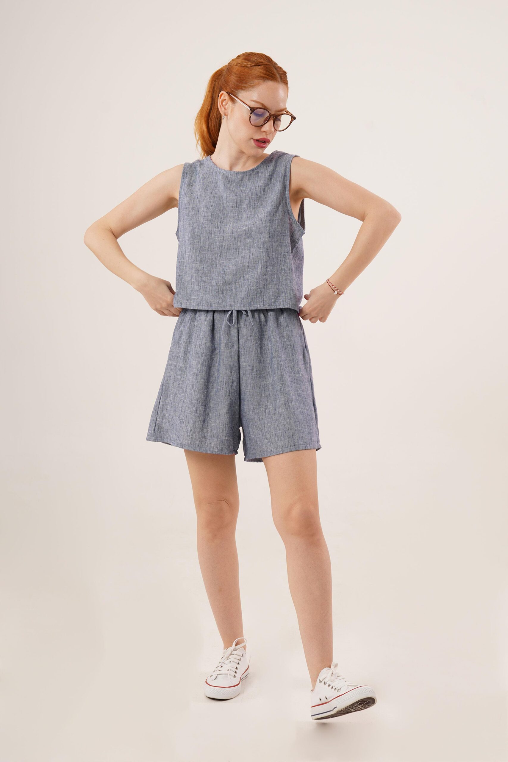 Back Button Detailed Blouse And Shorts With Pockets Double Wholesale Indigo Suit – Brand: Lustrin – Women & Kids, Baby Clothes Wholesale – TheBS Women