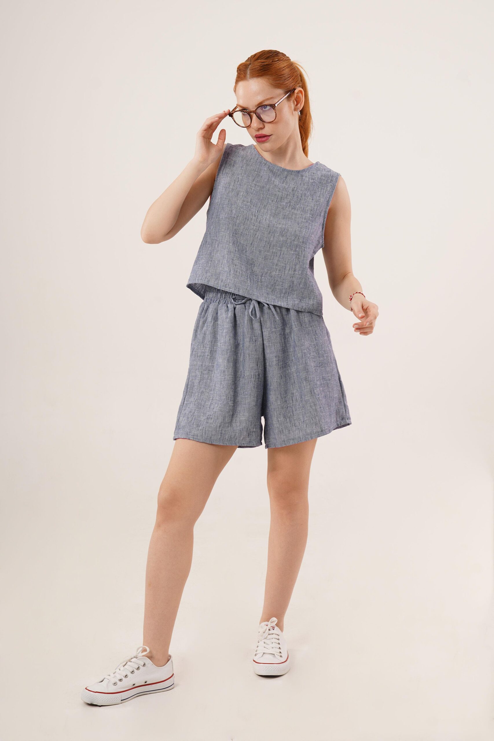 Back Button Detailed Blouse And Shorts With Pockets Double Wholesale Indigo Suit – Brand: Lustrin – Women & Kids, Baby Clothes Wholesale – TheBS Women