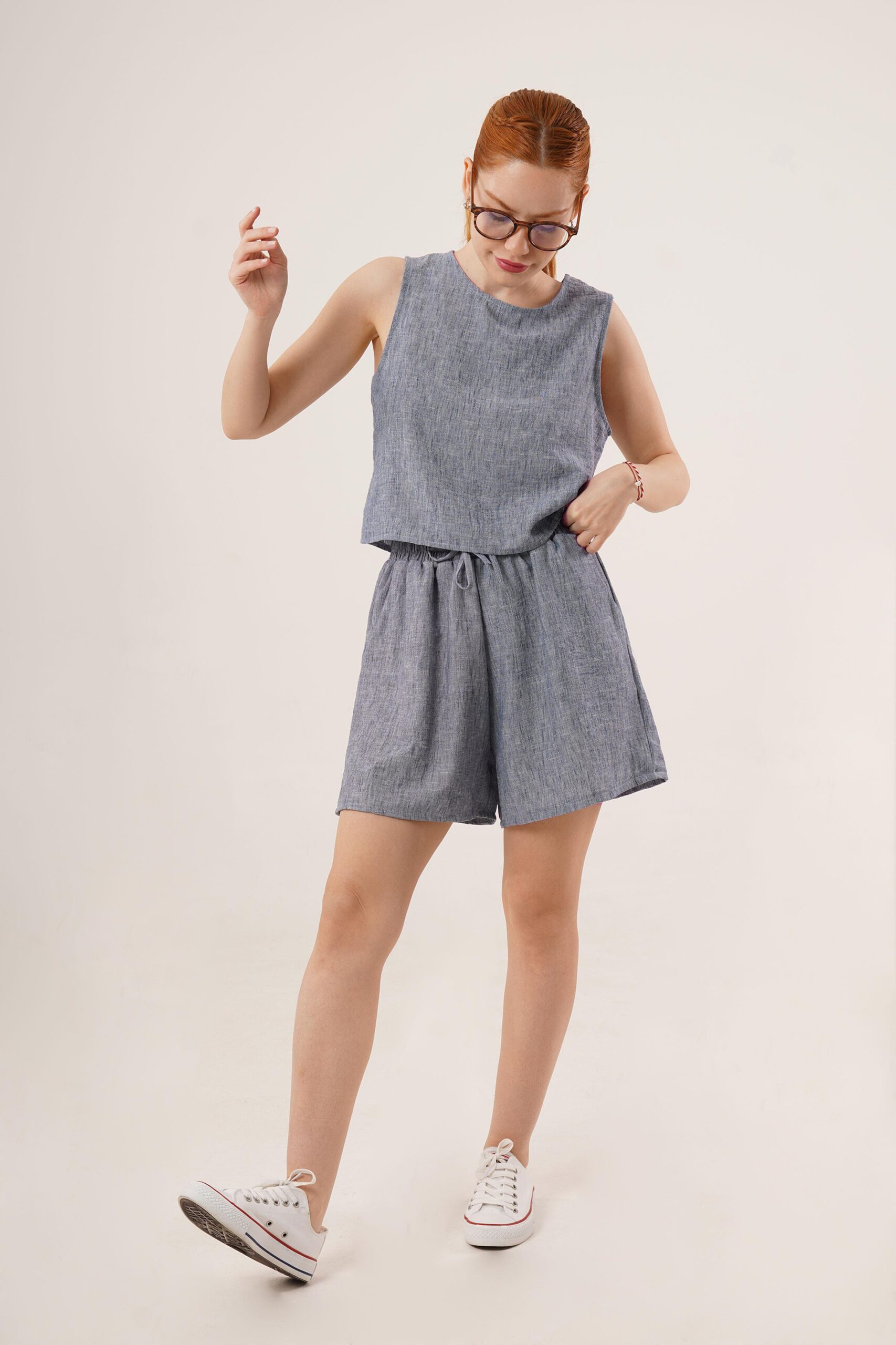 Back Button Detailed Blouse And Shorts With Pockets Double Wholesale Indigo Suit – Brand: Lustrin – Women & Kids, Baby Clothes Wholesale – TheBS Women