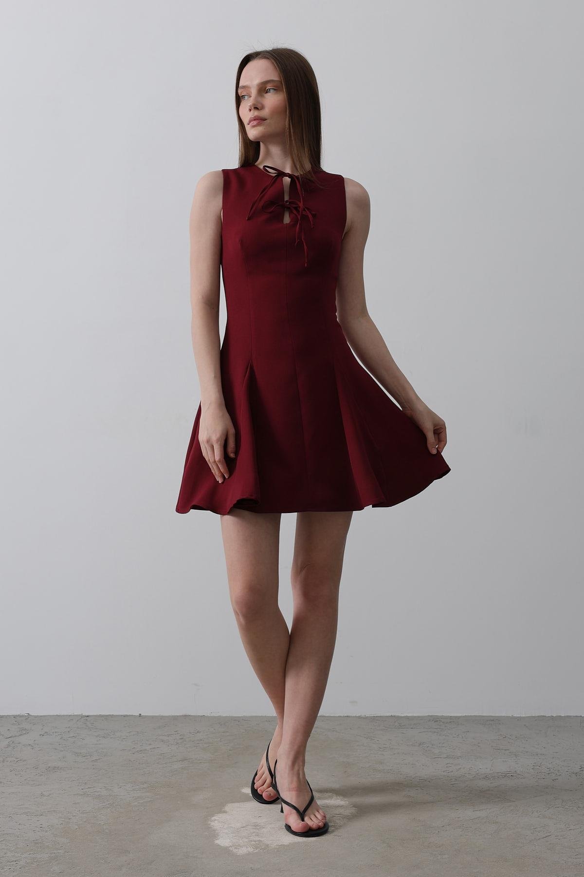 Bow Detail Zero Sleeve Mini Dress - - Burgundy - Brand: Reyon - Women & Kids, Baby Clothes Wholesale - TheBS Women