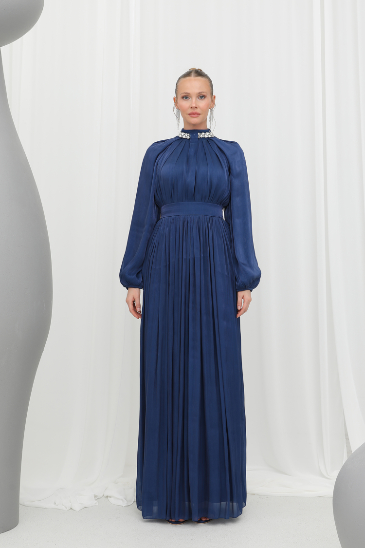 Stone Detailed Chiffon Evening Dress - Navy - Brand: Puane - Women & Kids, Baby Clothes Wholesale - TheBS Women