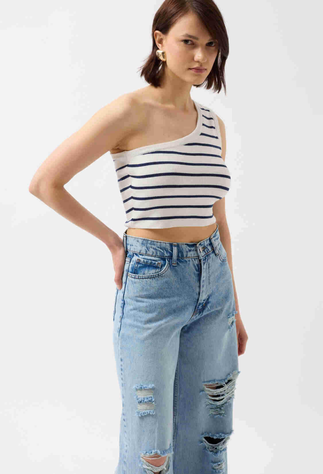 One Shoulder Striped Crop -- Navy - Brand: Black Fashion - Women & Kids, Baby Clothes Wholesale - TheBS Women