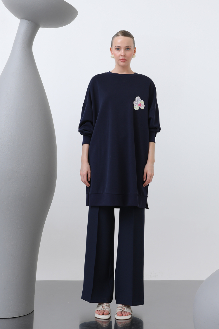 Front And Back Embroidery Detailed Garnished Tunic - Navy - Brand: Puane - Women & Kids, Baby Clothes Wholesale - TheBS Women