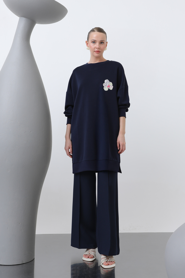 Front And Back Embroidery Detailed Garnished Tunic - Navy - Brand: Puane - Women & Kids, Baby Clothes Wholesale - TheBS Women