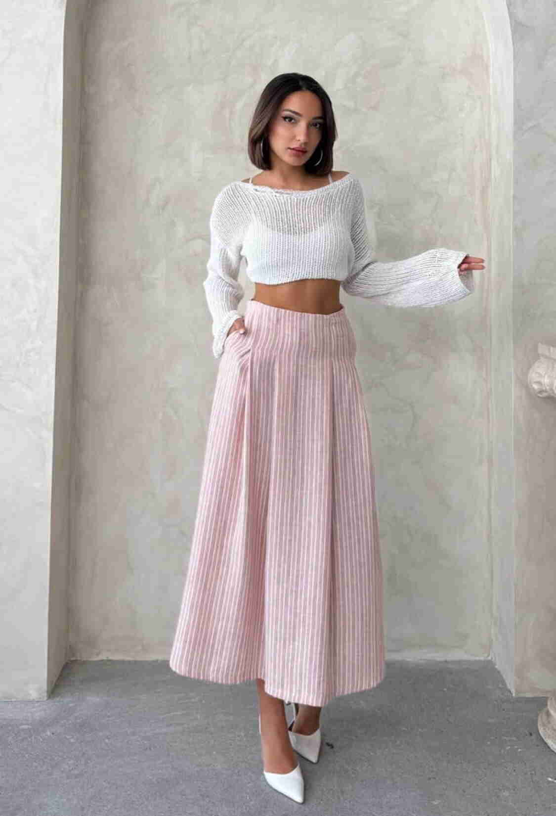 Striped Linen Skirt - Powder - Brand: Topshow - Women & Kids, Baby Clothes Wholesale - TheBS Women