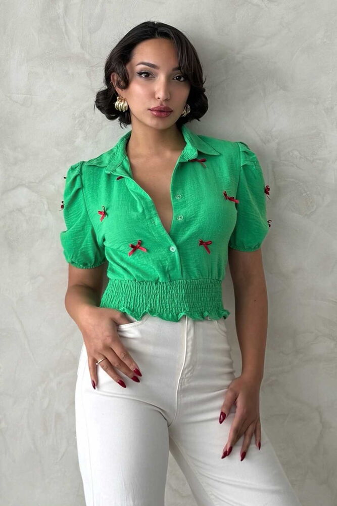 D 2409-1 Linen Shirt With Bow - Brand: Topshow - Women & Kids, Baby Clothes Wholesale - TheBS Women