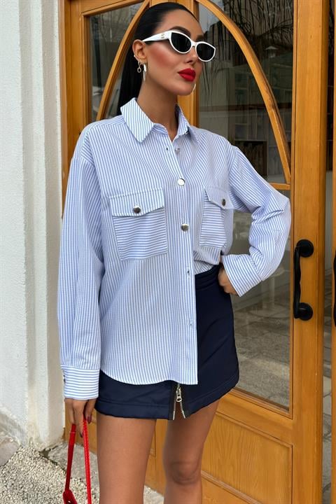 Striped Wafer Fabric Metal Buttoned Shirt - Blue - Brand: Sobe Istanbul - Women & Kids, Baby Clothes Wholesale - TheBS Women