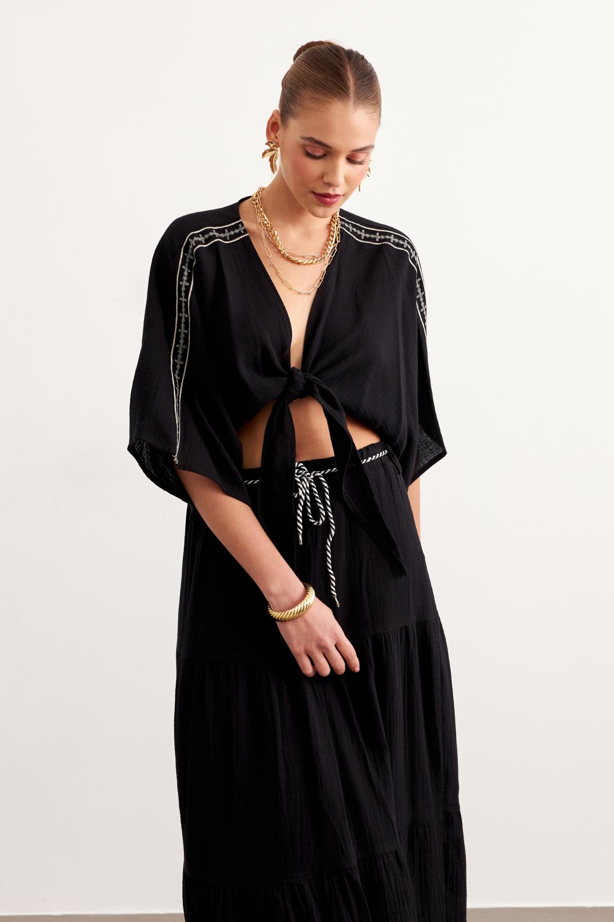 Shoulder Embroidery Detailed Tie Waist Shirt – Brand: Levure – Women & Kids, Baby Clothes Wholesale – TheBS Women