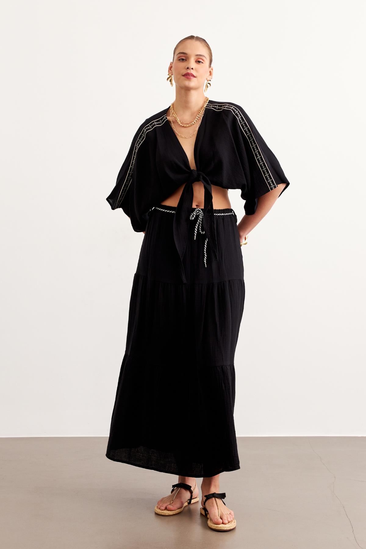 Shoulder Embroidery Detailed Tie Waist Shirt – Brand: Levure – Women & Kids, Baby Clothes Wholesale – TheBS Women