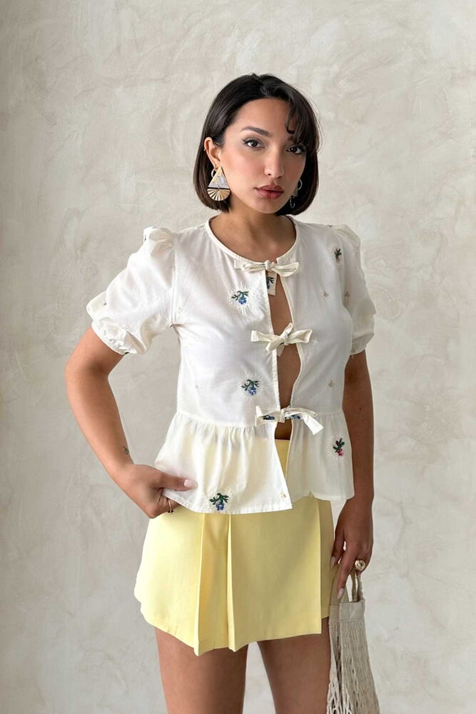 Front Tie Embroidered Blouse - Stone - Brand: Topshow - Women & Kids, Baby Clothes Wholesale - TheBS Women
