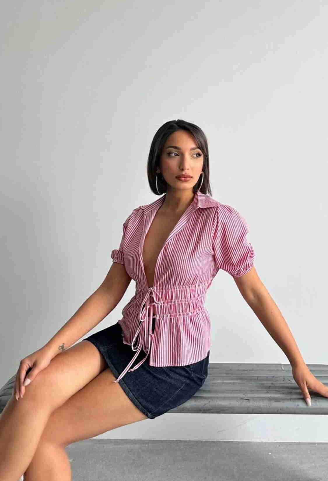 D2812 Front Tie Striped Shirt - Burgundy - Brand: Topshow - Women & Kids, Baby Clothes Wholesale - TheBS Women