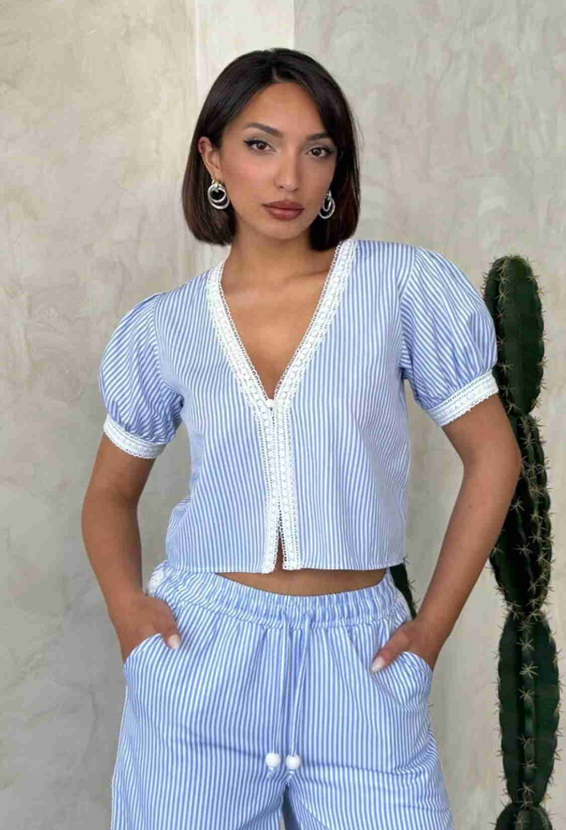 Guipure Detailed Striped Blouse - Brand: Topshow - Women & Kids, Baby Clothes Wholesale - TheBS Women