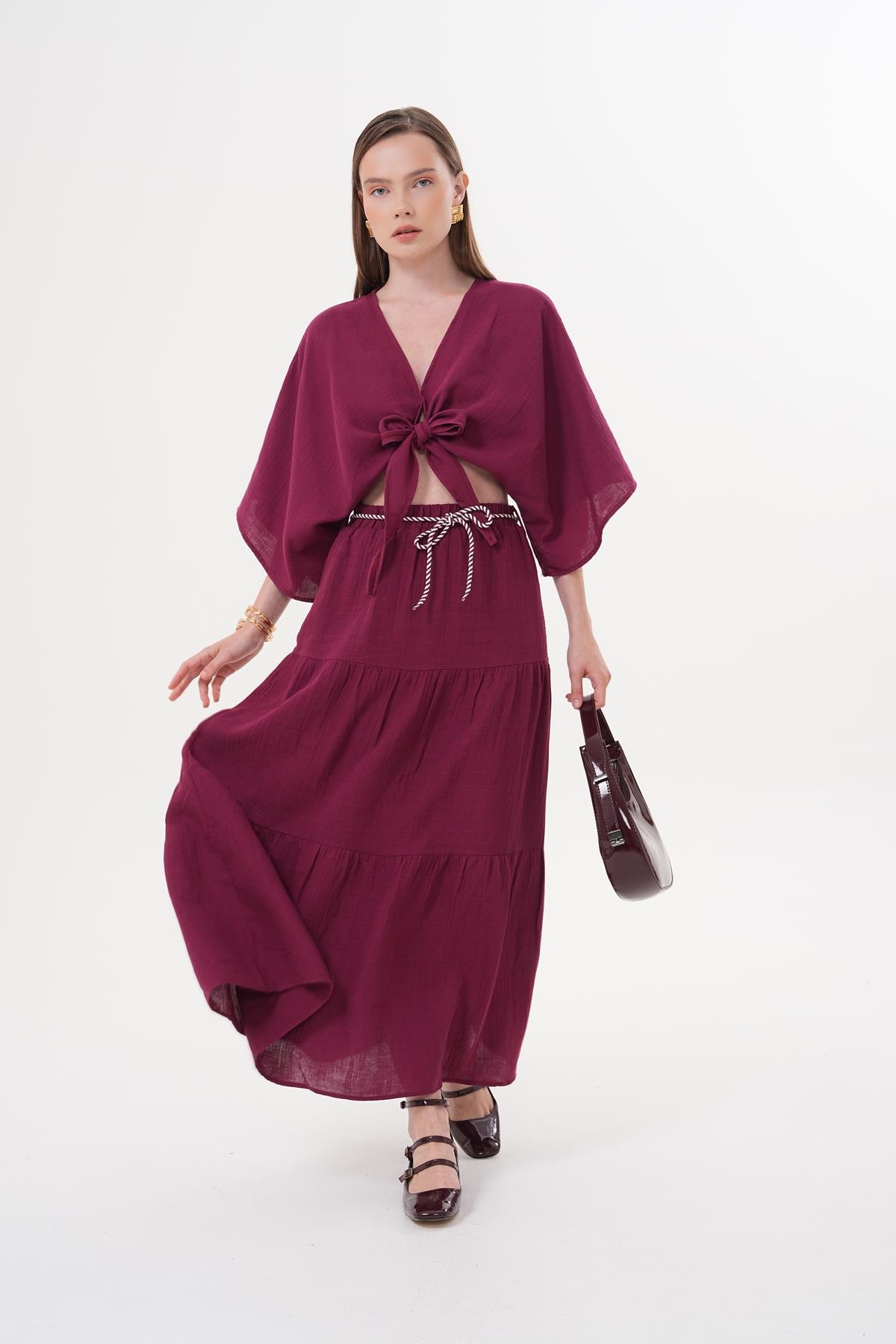 Elastic Waist And Cord Detailed Long Skirt Burgundy – Brand: Levure – Women & Kids, Baby Clothes Wholesale – TheBS Women