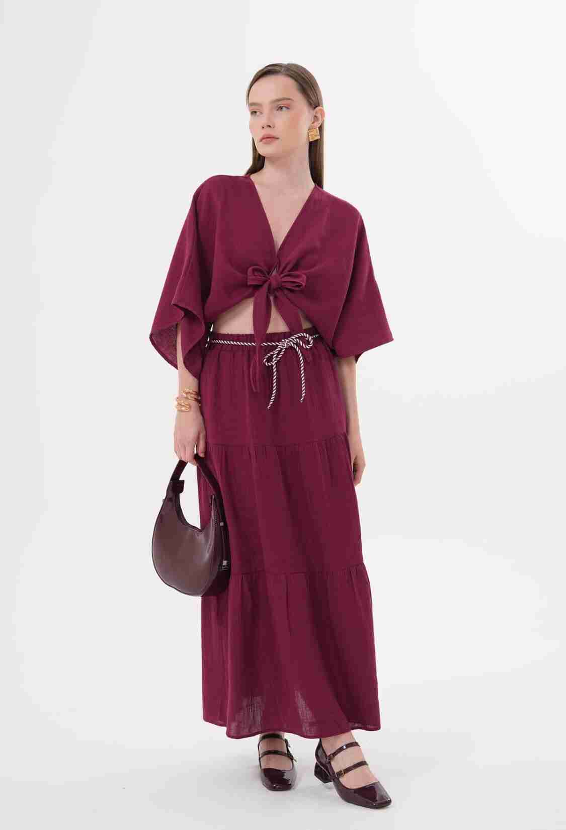 Elastic Waist And Cord Detailed Long Skirt Burgundy - Brand: Levure - Women & Kids, Baby Clothes Wholesale - TheBS Women