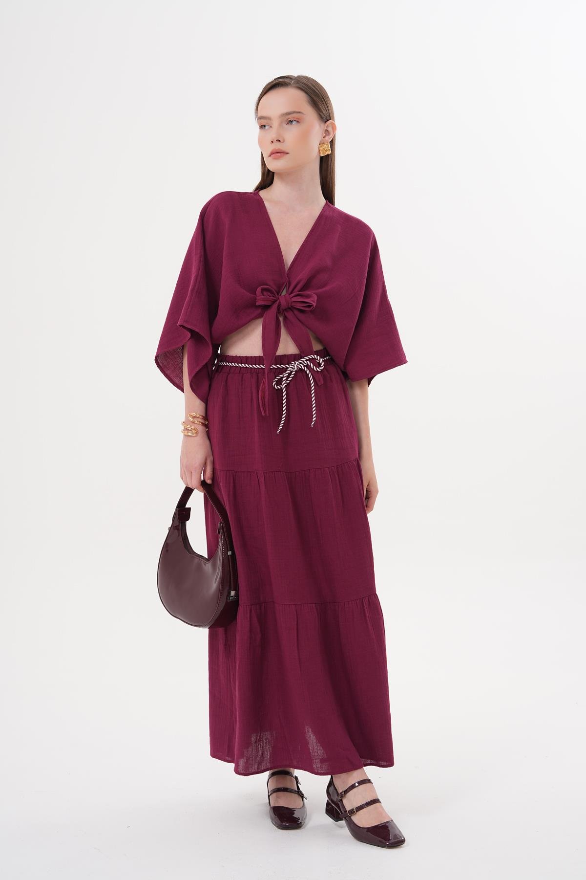 Elastic Waist And Cord Detailed Long Skirt Burgundy – Brand: Levure – Women & Kids, Baby Clothes Wholesale – TheBS Women