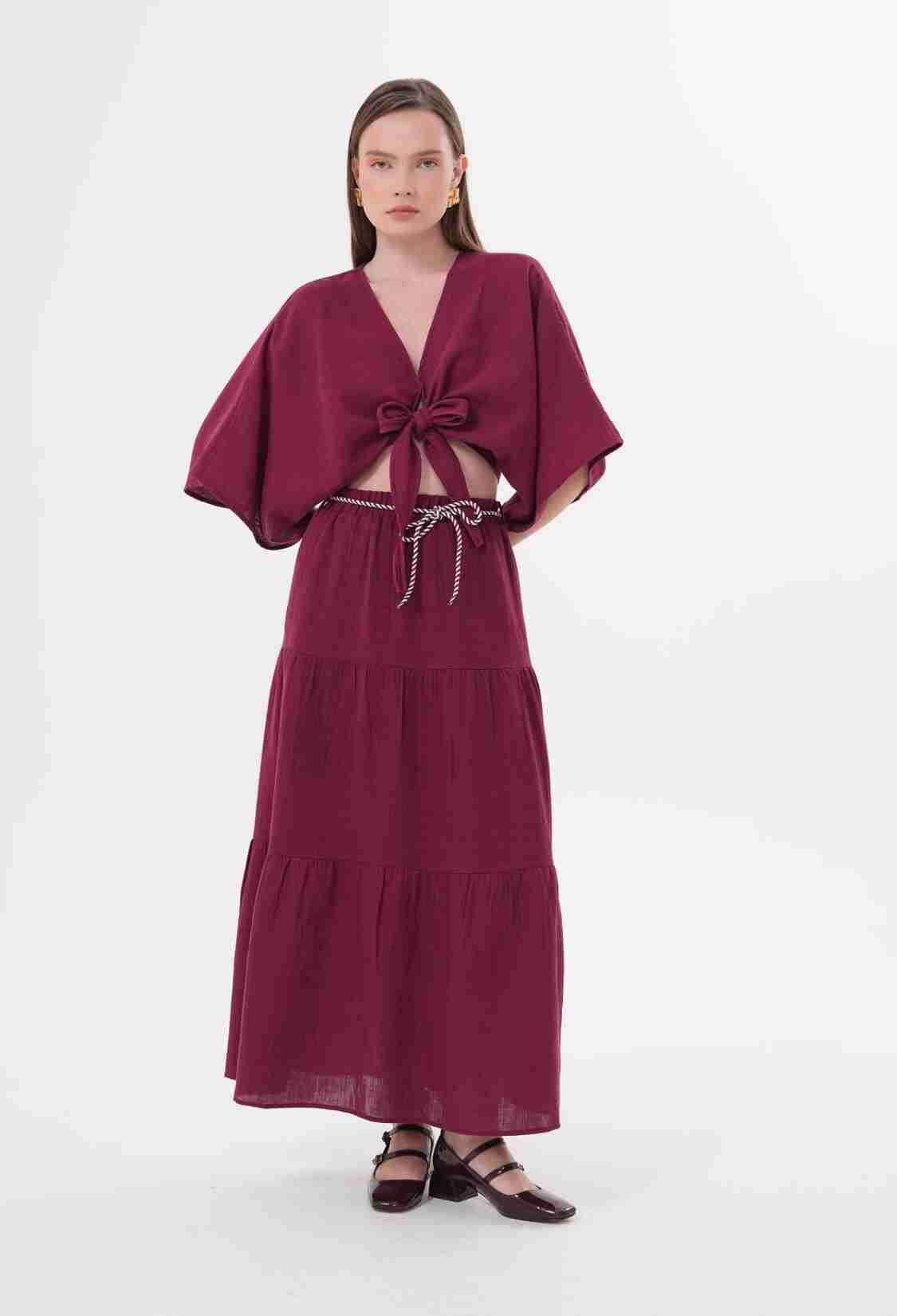 Elastic Waist And Cord Detailed Long Skirt Burgundy - Brand: Levure - Women & Kids, Baby Clothes Wholesale - TheBS Women